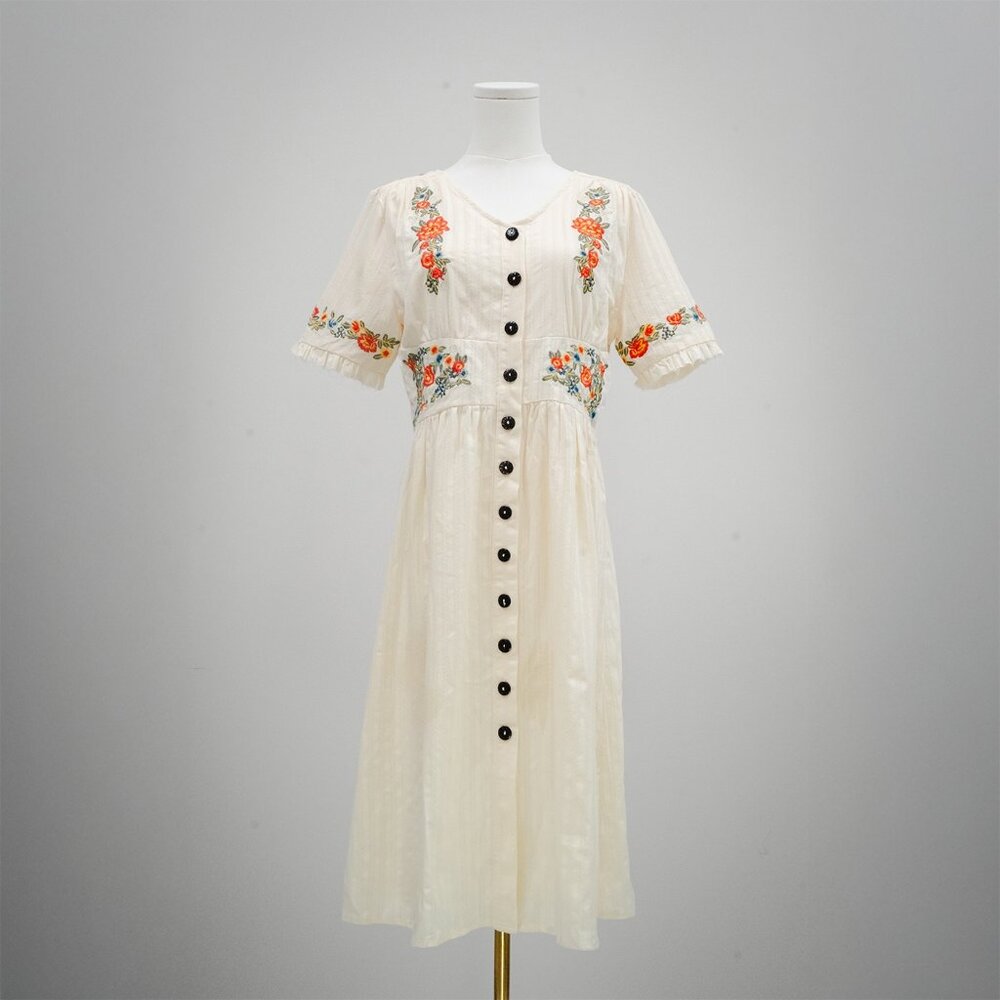 Petallush Cream Midi Dress with Orange & Green Floral Embroidery